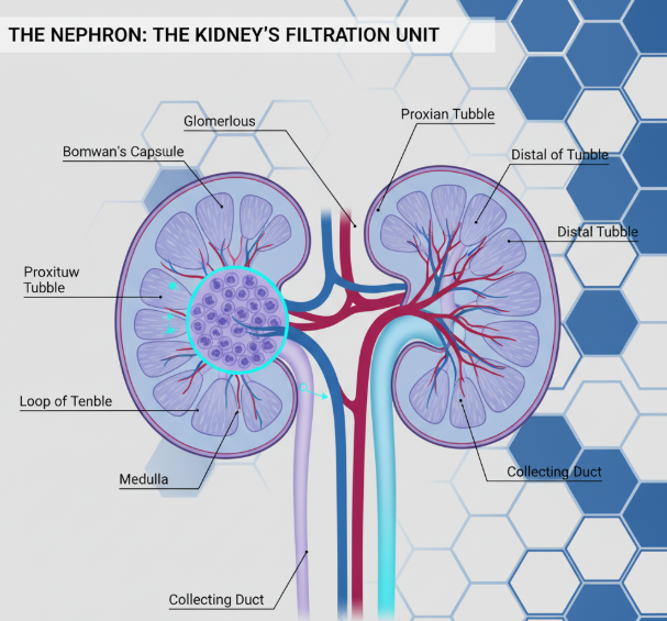 A clear, educational diagram showing the structure of a nephron within a kidney.