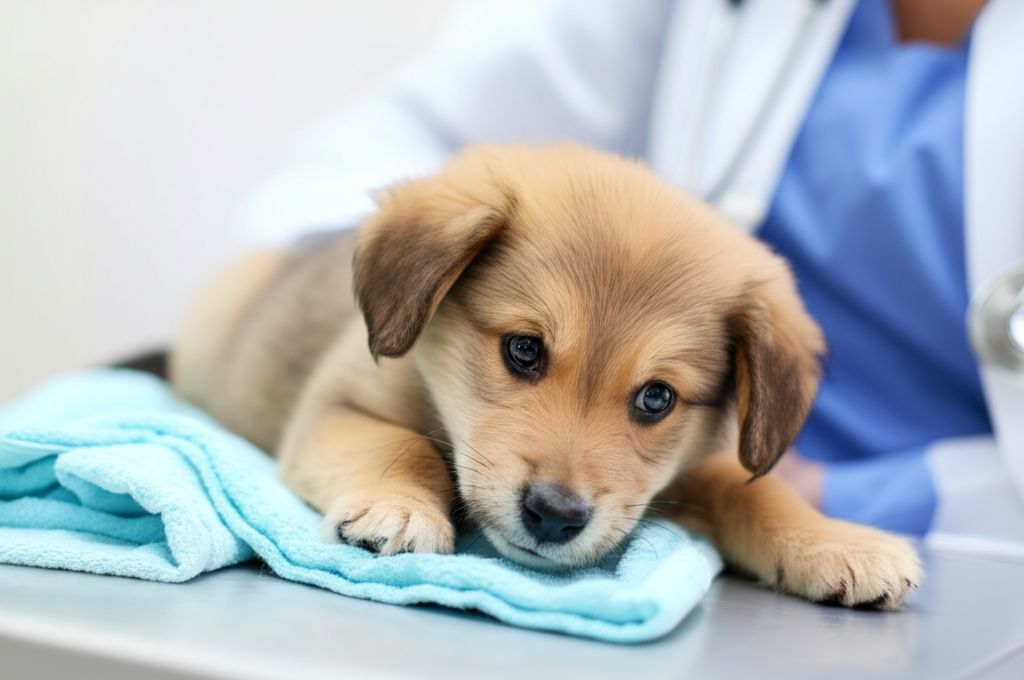 Một chú chó con có vẻ cần được chăm sóc, với bối cảnh là môi trường phòng khám thú y mờ ảo